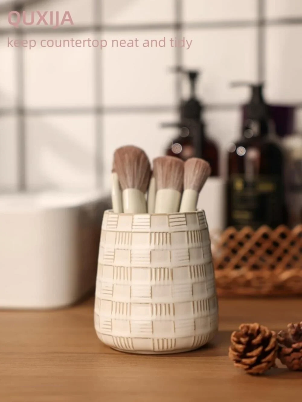 Elegant Ceramic Makeup Brush Holder - Vintage White Vanity Organizer, Easy to